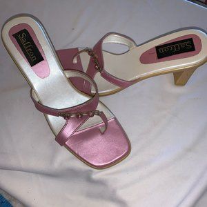 Saffron Womens Square Toe Block Heels Sandals Pink Ivory with Rhinestone US 8.5